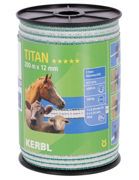 Taśma pastwiskowa TITAN 200m 12mm biało-zielona KERBL
