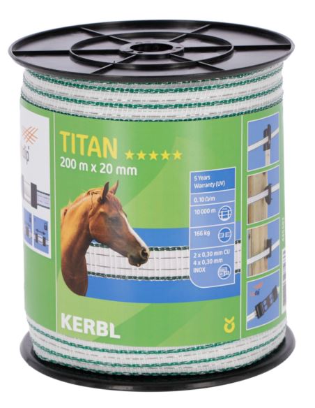 Taśma pastwiskowa TITAN 200m 20mm biało-zielona KERBL